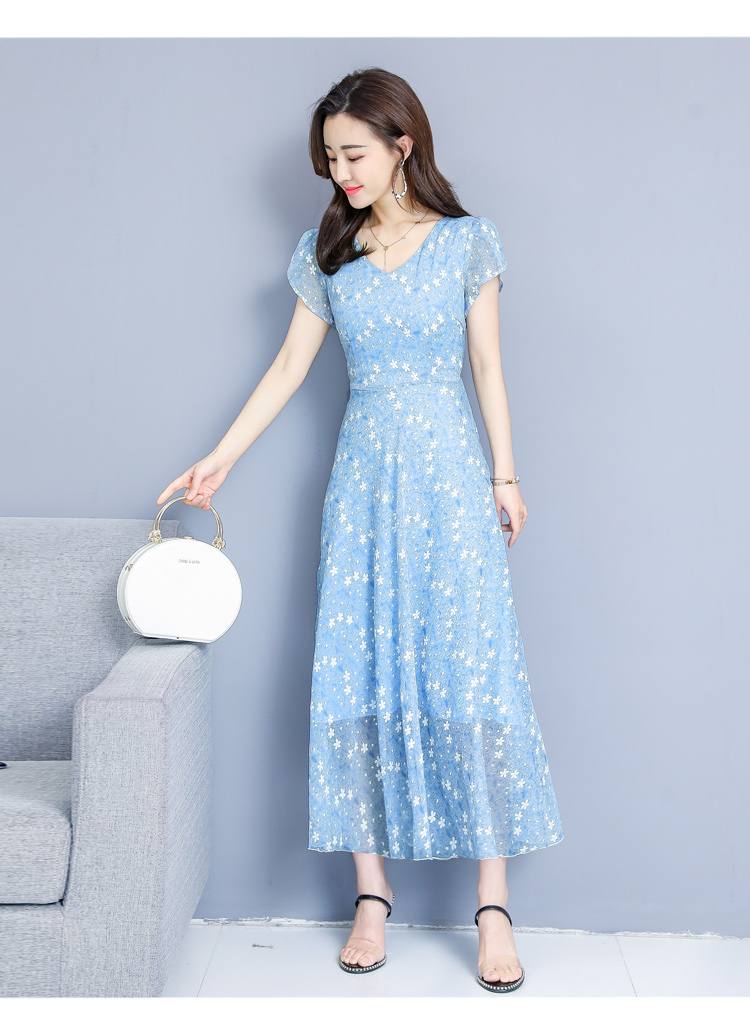 Đầm voan hoa mới 2019 hè mới màu xanh bồng bềnh dài tay ngắn mỏng in váy dài nữ - Sản phẩm HOT váy xòe