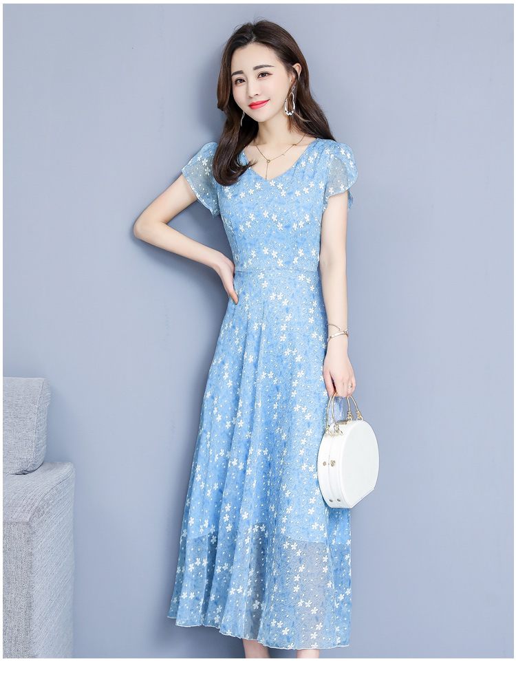 Đầm voan hoa mới 2019 hè mới màu xanh bồng bềnh dài tay ngắn mỏng in váy dài nữ - Sản phẩm HOT váy xòe