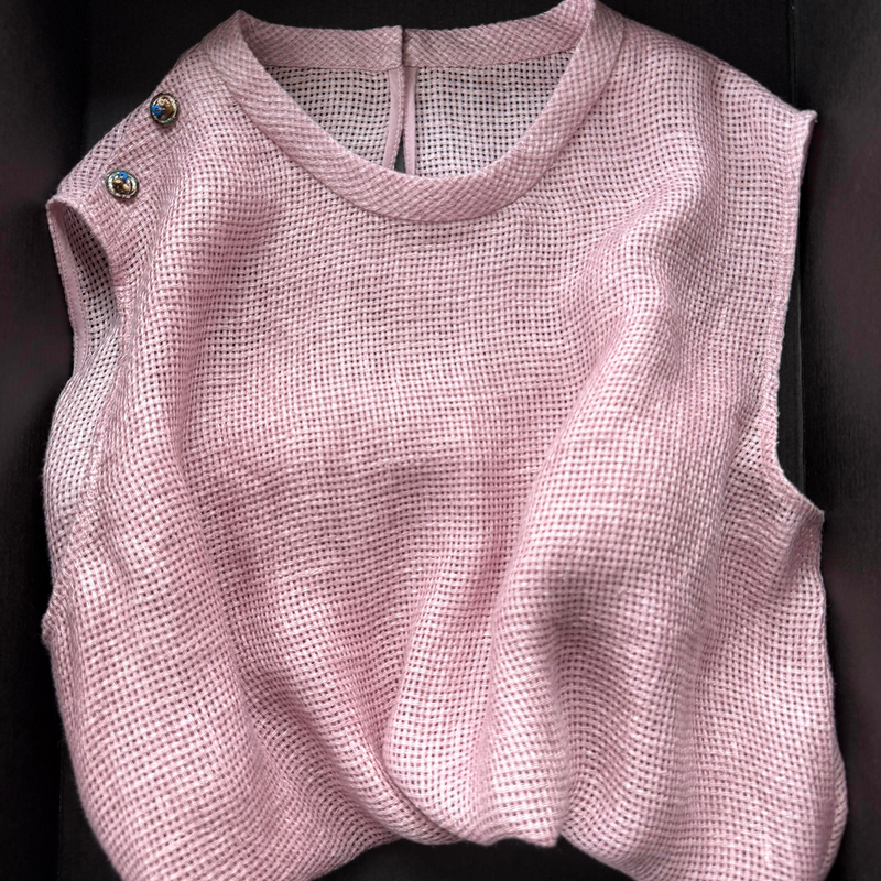 A Favorite Recommendation! Pink Side-Buttoned Round-Neck Linen Tank Top for Women, Summer Waffle Texture Woven Sleeveless Top