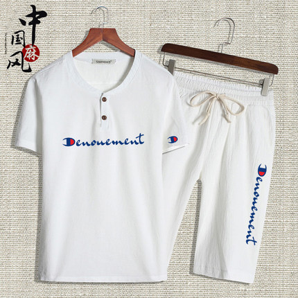短袖t恤男2019夏装男士中国风亚麻半袖棉麻套装潮流V领上衣服装