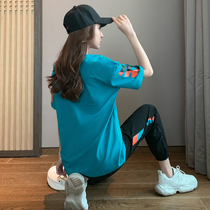  Summer suit 2021 new womens trend casual sports fried street fat mm large size meat concealer slimming age reduction two-piece set