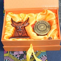 New Guangxi Zhuang Township Bronze Drum Zhuang Characteristic Gifts Solid Wood Ox Head Brass Casting Business Gifts and Souvenirs
