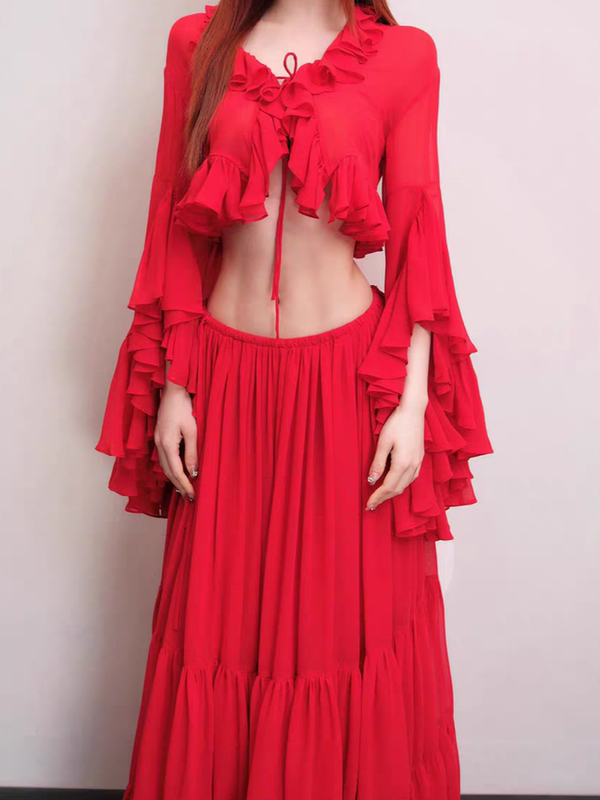Suqiu 2025 Summer New French Romantic Ruffled V-Neck Long-Sleeve Dress for Women, Slim-Fit and Flattering Long Dress
