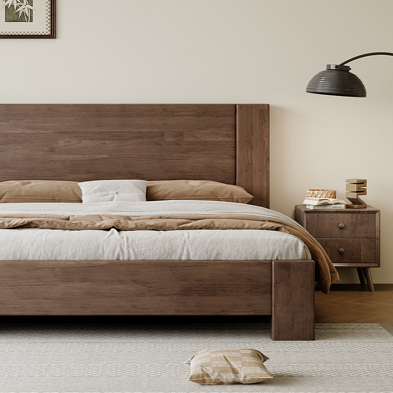 Pure Solid Wood Bed Thickeneded Walnut Color Bed Mid-Century Style 2m X 2m Bed Enlarged and Widened Bed 2m X 2.2m