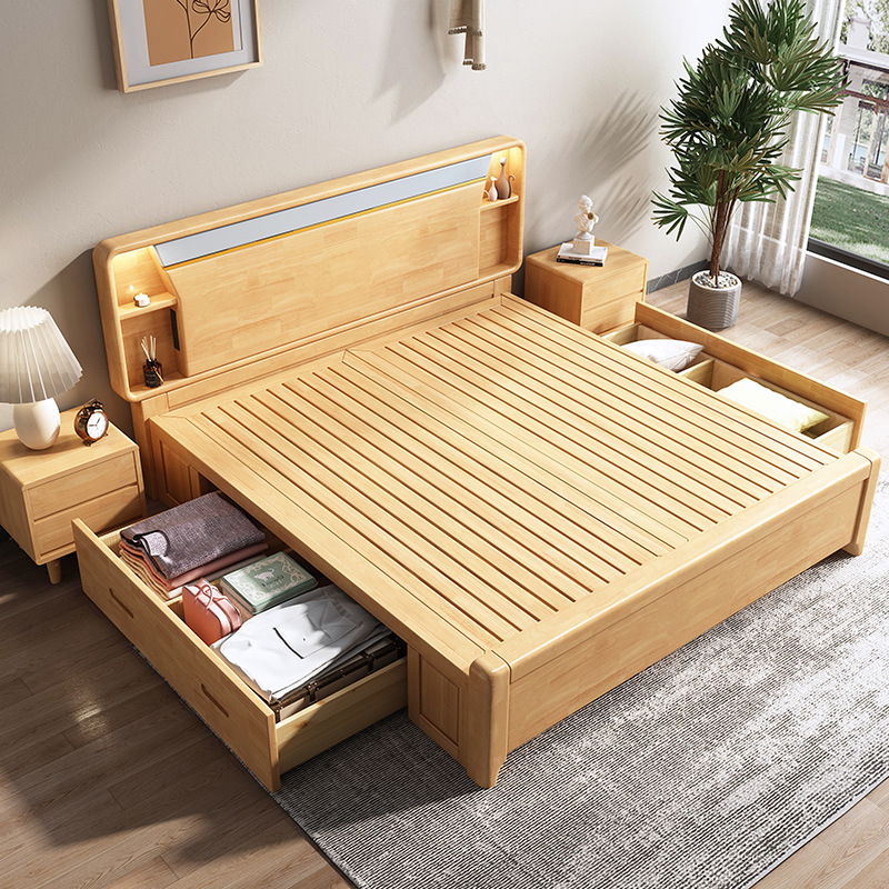 Nordic solid wood double bed 2 meters × 220 large bed modern simple light luxury master bedroom storage two-child parent-child log bed