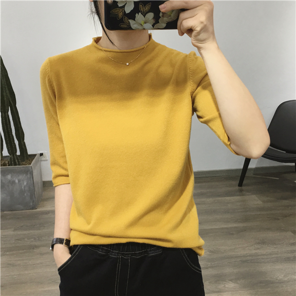 Nhà gạo mỹ [12 màu] Han Fan nửa cổ cao màu rắn đầu uốn xoăn nửa tay áo đan đáy áo len mùa thu đông bán áo len nữ