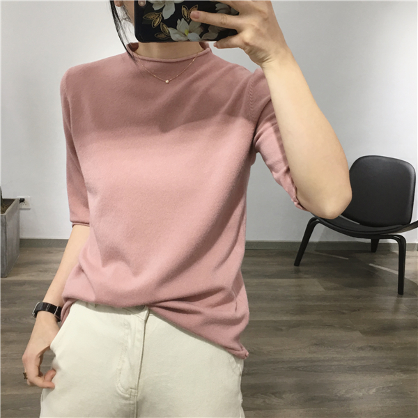 Nhà gạo mỹ [12 màu] Han Fan nửa cổ cao màu rắn đầu uốn xoăn nửa tay áo đan đáy áo len mùa thu đông bán áo len nữ