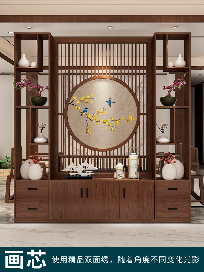 New Chinese Log Double-sided Embroidery Screen Living-room Wood Custom in the family Xuanguan Partition Cabinet Home shelve