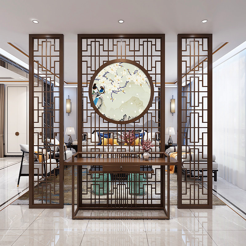 New Chinese-style solid wood screen partition living room log hollow decoration walnut strip grille entrance to block the swastika shape