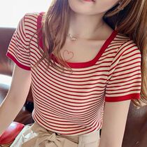 Ice silk T-shirt womens short sleeve striped sweater 2021 new spring summer slim top Korean student base shirt