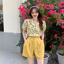 Hipster floral bubble sleeve fashion aged shirt women short wide leg pants Joker two-piece set
