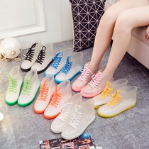 Jelly transparent non-slip fashion waterproof shoes rain shoes plus velvet rain boots rubber shoes overshoes water boots female short tube student Winter