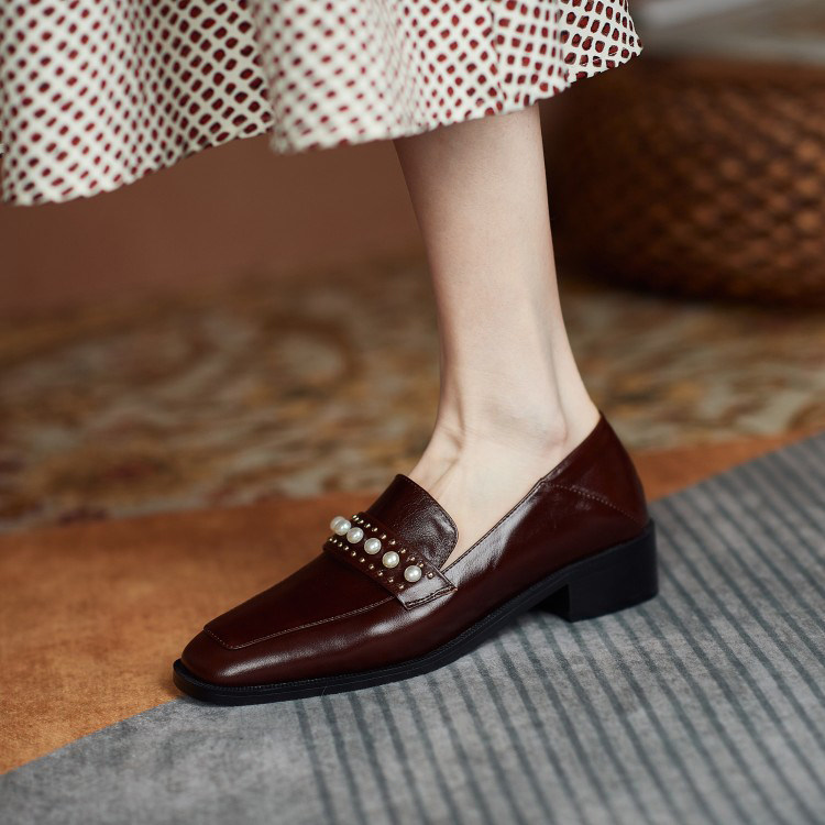 Orange Peel CHEN2022 Spring Autumn New Retro Coarse Heel Single Shoes Women Genuine Leather Lefu Shoes Pearl Rivets Small Leather Shoes