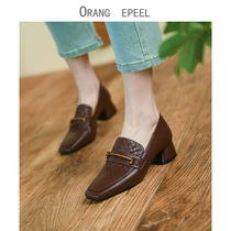 Orange Peel CHEN Brown Retro Square Head Coarse heel Lefu Shoe woman Inron with small leather shoes genuine leather Deep mouth Single shoe