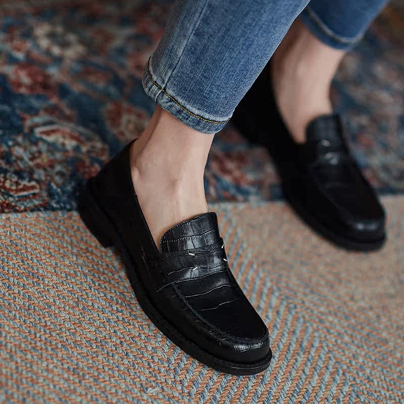 Orange peel CHEN2022 retro British style small leather shoes crocodile pattern square toe flat loafers leather bag shoes women