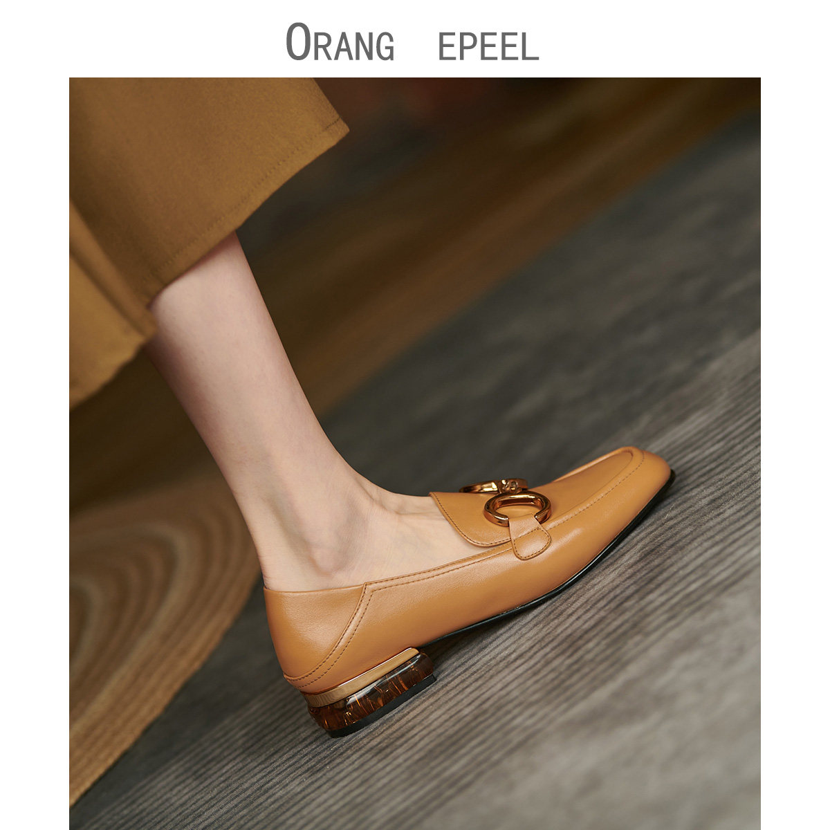 Orange peel CHEN super soft retro British small leather shoes medium thick heel square head new loafer leather bag shoes women