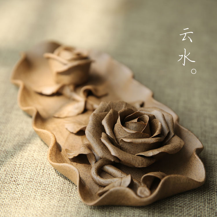 Handmade incense cloud water original Zen thick ceramic Lotus rose Peony plate line incense plate seat Incense road
