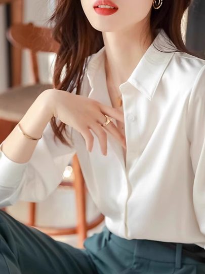 Белая шифоновая рубашка для женщин, новинка 2025 года, весна-осень, с воротником поло, свободный крой, нишевый дизайн, стильный топ с длинными рукавами