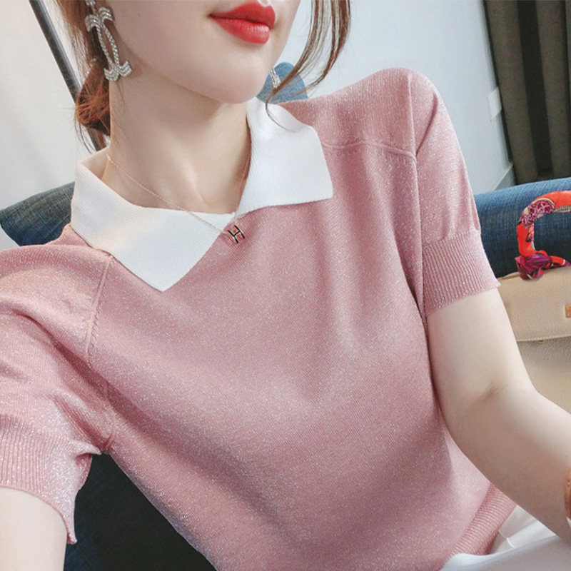 Ice silk short sleeve t-shirt female knitwear 2022 new summer thin section loose with slim half sleeve polo collar blouse