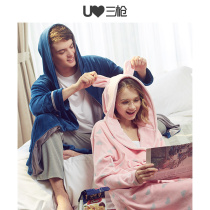 Three-shot coral velvet pajamas for men and women in autumn and winter cute baby velvet cardigan open hooded partial thick warm home couple robe