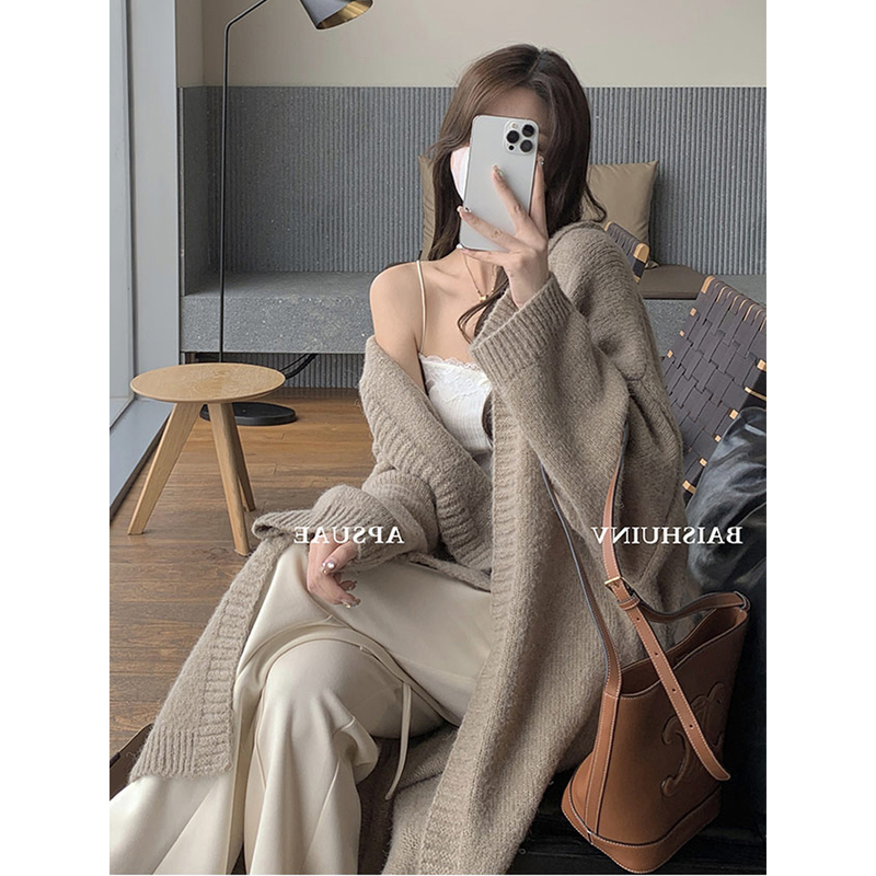 Hooded Cardigan Sweater, Long Over-The-Knee Loose Outerwear, Lace-Up Knitted Jacket, Women's Lazy Bathrobe Style Outer Top