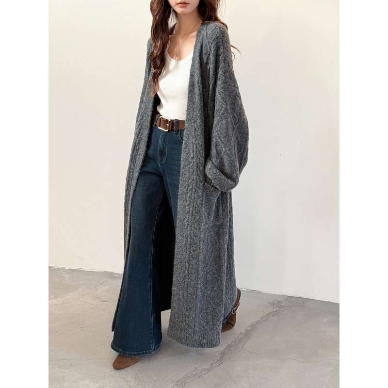 Lantern Sleeve Gray Knitted Jacket for Women, Autumn and Winter Long Coat, Loose and Lazy Style, Cable Knit Sweater Cardigan, Oversized