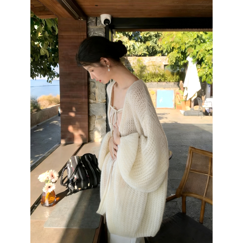 Early Spring Knitted Cardigan for Women, Thin, Loose, Lazy Style, Lantern Sleeves, Outerwear Shawl, Mohair Sweater, Tie-Up Jacket