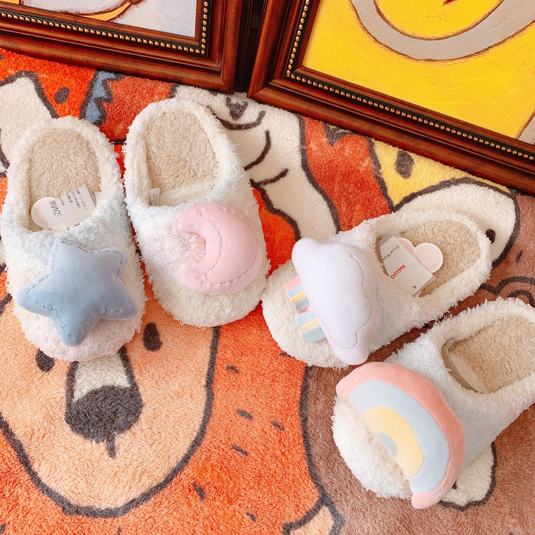 Autumn and winter girl heart cute star moon rainbow plush home shoes ladies home indoor floor mute cotton slippers