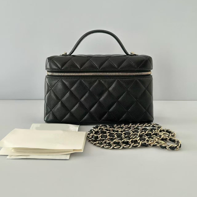 Glamour Bags First-Layer Cowhide Small Chanel-Style 25P Quilted Lunch Box Bag with Chain Handle and Crossbody Strap