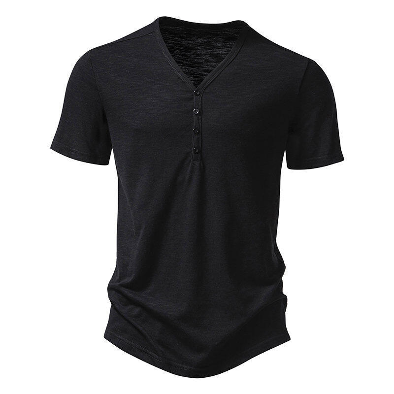 Amazon Four-Button Men's V-Neck Loose Short-Sleeve T-Shirt, Youth Trendy European and American Style, Simple Breathable Trendy Plus-Size Top