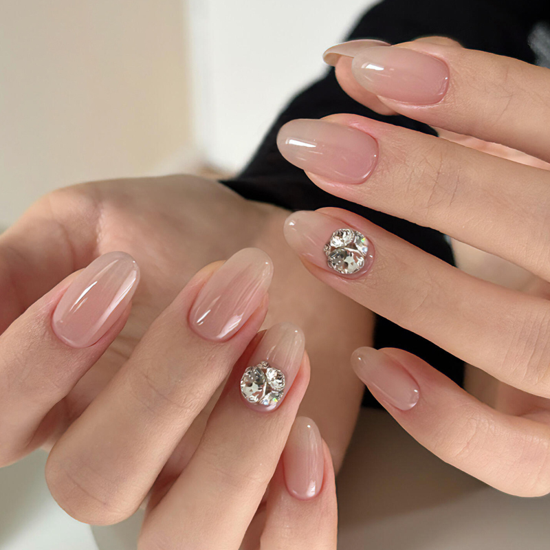 Handmade Manicure Wearable Nails Nude Color with Rhinestones Short Oval Nail Patches 2026 New Style Super Popular Medium-Long Style High-End Feel