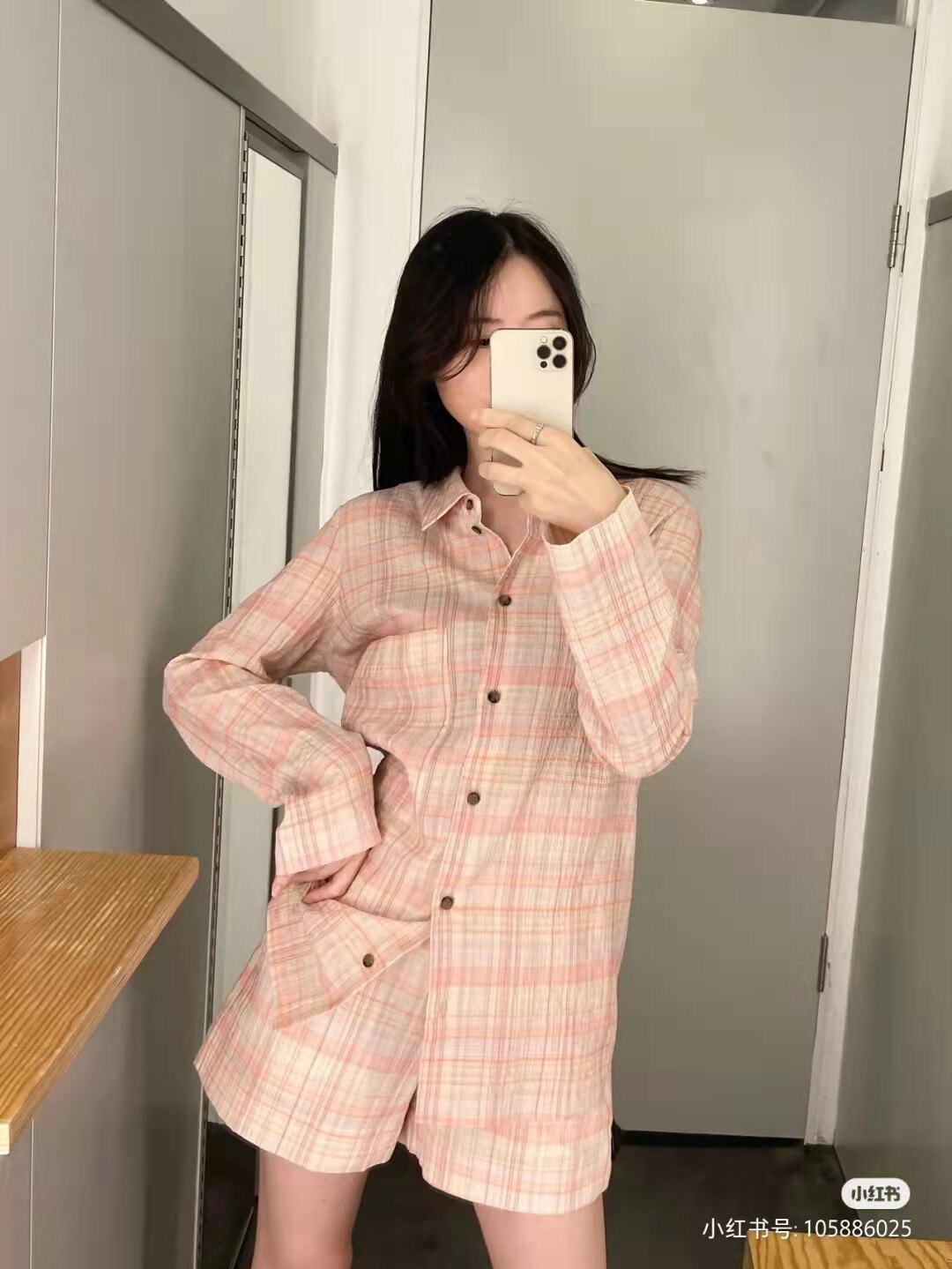 COS Pink white small plate shirt coloured grid long sleeve shirt 0995355001