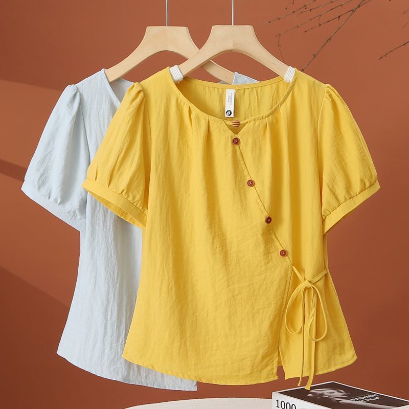 Cotton and Linen Shirt for Women, 2026 Summer New Style, Irregular French Tie, Fashionable and Stylish, Belly-Covering, Slimming Short-Sleeved Top