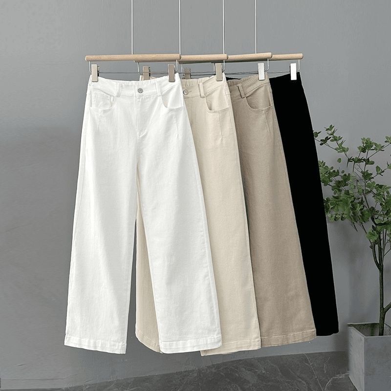 Washed Cotton Wide-Leg Cropped Pants for Women 2026 Spring/Summer New High-Waisted Slimming Versatile Loose Plus-Size Casual Straight-Leg Pants