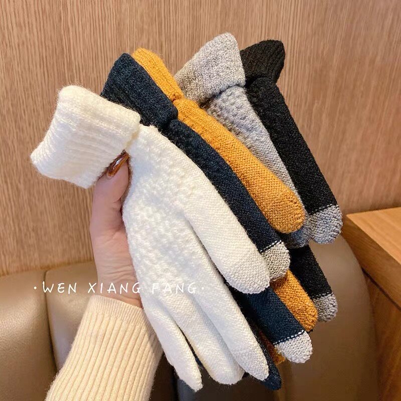 Winter knit wool line gloves male and female with all-finger gloves warm and thickened anti-cold touch screen student Jane about Korean version