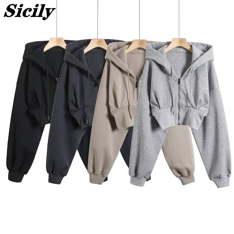 Sicilian European and American Style Short High-Waisted Long-Sleeved Hooded Sweatshirt for Women, Autumn Waist-Slimming Short Zip-Up Jacket Sicilian European and American Style Short High-Waisted Long-Sleeved Hooded Sweatshirt for Women, Autumn Waist-Slimming Short Zip-Up Jacket