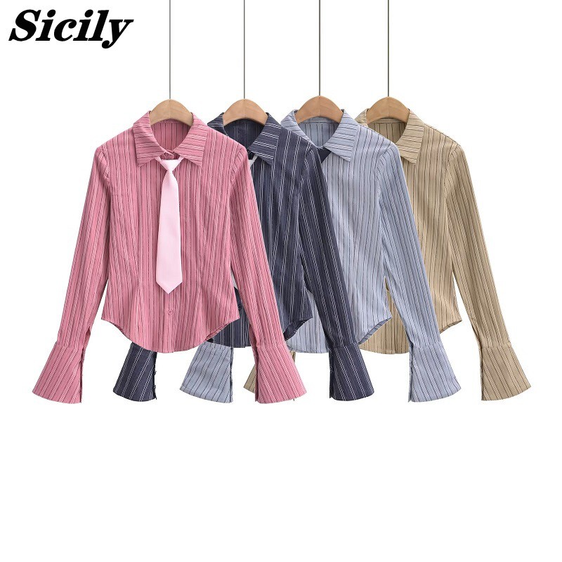Sicilian Design-Inspired College Style Textured Color-Block Striped Shirt for Women, Autumn Slim-Fit Waist-Cinching Top Sicilian Design-Inspired College Style Textured Color-Block Striped Shirt for Women, Autumn Slim-Fit Waist-Cinching Top