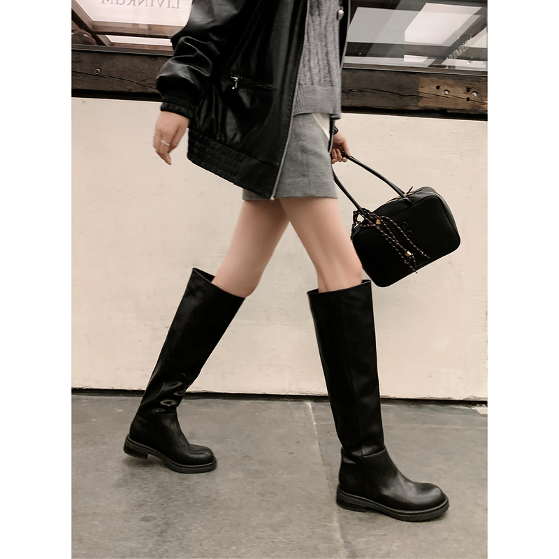 Lushee High-Cut Slimming Genuine Leather Riding Boots for Women, Autumn and Winter, Tall, Low-Heeled, Wide-Cut Knee-High Boots