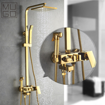 Golden four-gear square shower shower head suit Home full copper body bathroom toilet hot and cold shower high-pressure spray head