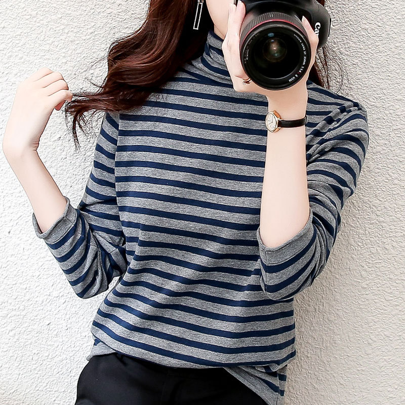 Non-Pilling 100% Pure Cotton Striped Turtleneck Base Layer Women's Inner Wear Autumn and Winter New High-Neck Sweater Knit Long Sleeve