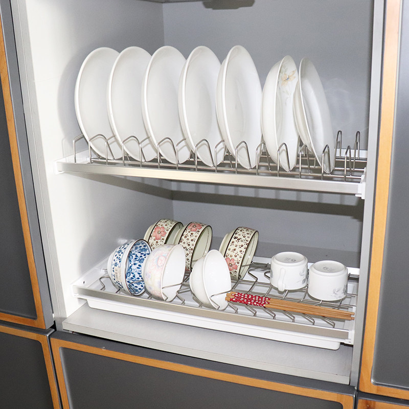 HOFFFNUNG stainless steel double decker dish rack kitchen integral cupboard hanging cabinet pull basket containing basket bowls disc set material drain rack