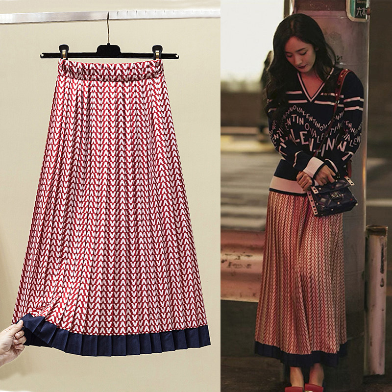 Retro silk satin slim shade of skirt Skirt Folds of a long version A character High waist and a half body dress female summer display slim pleated skirt