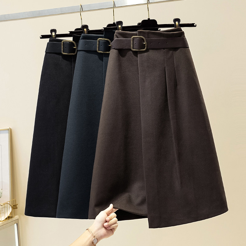 Irregular woolen swarm half body skirt autumn winter female high waist display slim medium long version a word dress design feel open fork thickened skirt