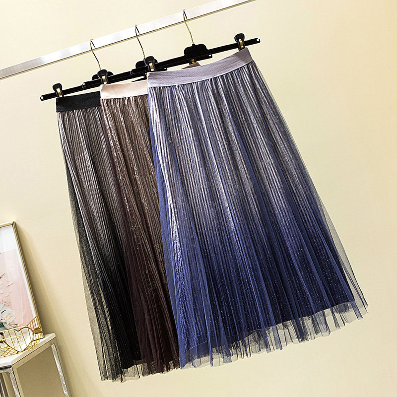 Gradient pleated skirt Gold velvet mesh skirt Korean skirt Autumn and Winter women's a-line high waist mid-length star yarn skirt