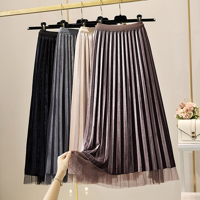 Double-sided gold velvet skirt autumn and winter women's high waist mid-length A-line skirt is thin and temperament mesh pleated skirt