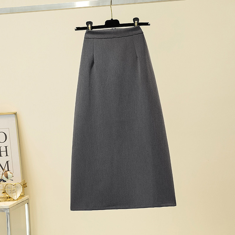 Herbenwind Suit Fabric A Character Half Body Skirt Woman Autumn Winter 2022 New Grey Medium Long Version Open Fork Temperament Skirt