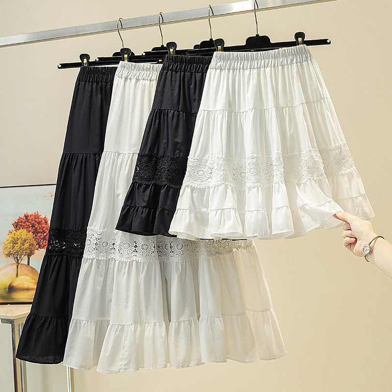 Cotton linen lace skirt women's summer white short skirt high waist pleated a-line skirt mid-length version large swing lotus leaf umbrella skirt
