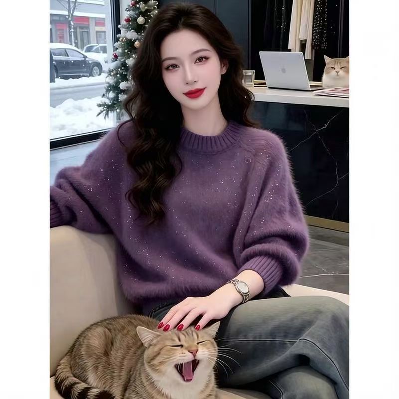 Gentle and Lazy Style Thickened Sweater, Purple Sequined Knitwear, Women's Round Neck Loose-Fitting High-End Base Layer Top Gentle and Lazy Style Thickened Sweater, Purple Sequined Knitwear, Women's Round Neck Loose-Fitting High-End Base Layer Top