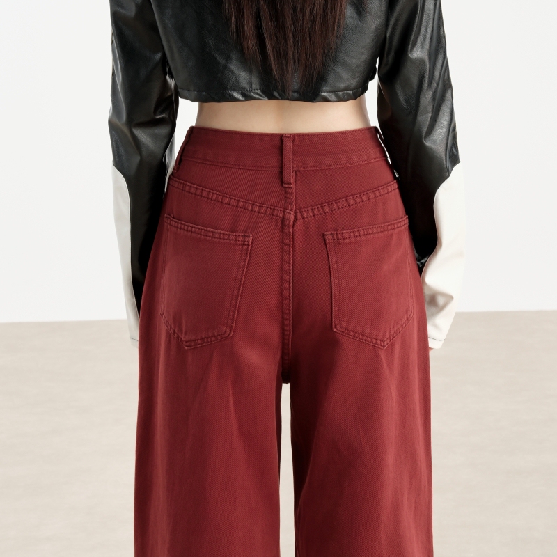 Ankora Red Early Autumn Wide-Leg Jeans for Women, Loose Straight-Leg Burgundy High-End Pants for Autumn and Winter Wear