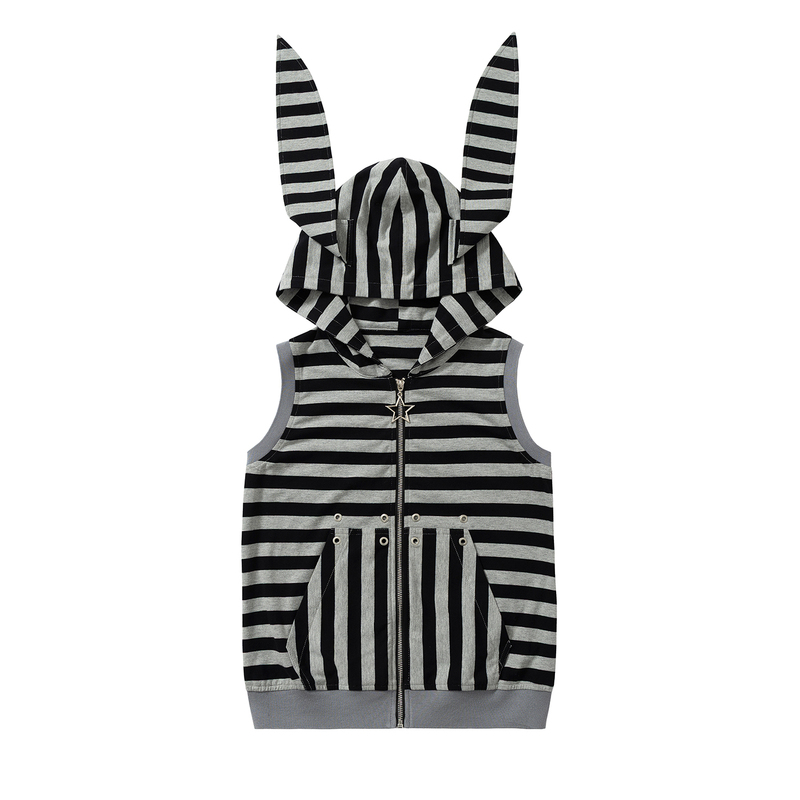 Nanjun American Retro Style Rabbit Ear Striped Sleeveless T-Shirt for Women, Summer Loose Fit Slimming Hooded Zip-Up Vest